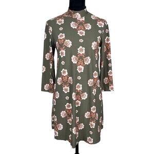 As U Wish Olive Green Floral Knee Length Dress Size Large Mock Turtleneck A-line